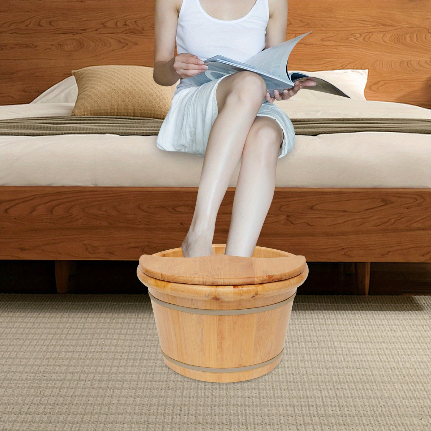 Cedar Wood Foot Bath Bucket Massager - Modern Freestanding Design with Lid & Massage Roller, No Electricity Needed, Natural Wood Grain Finish for Relaxation & Nail Care