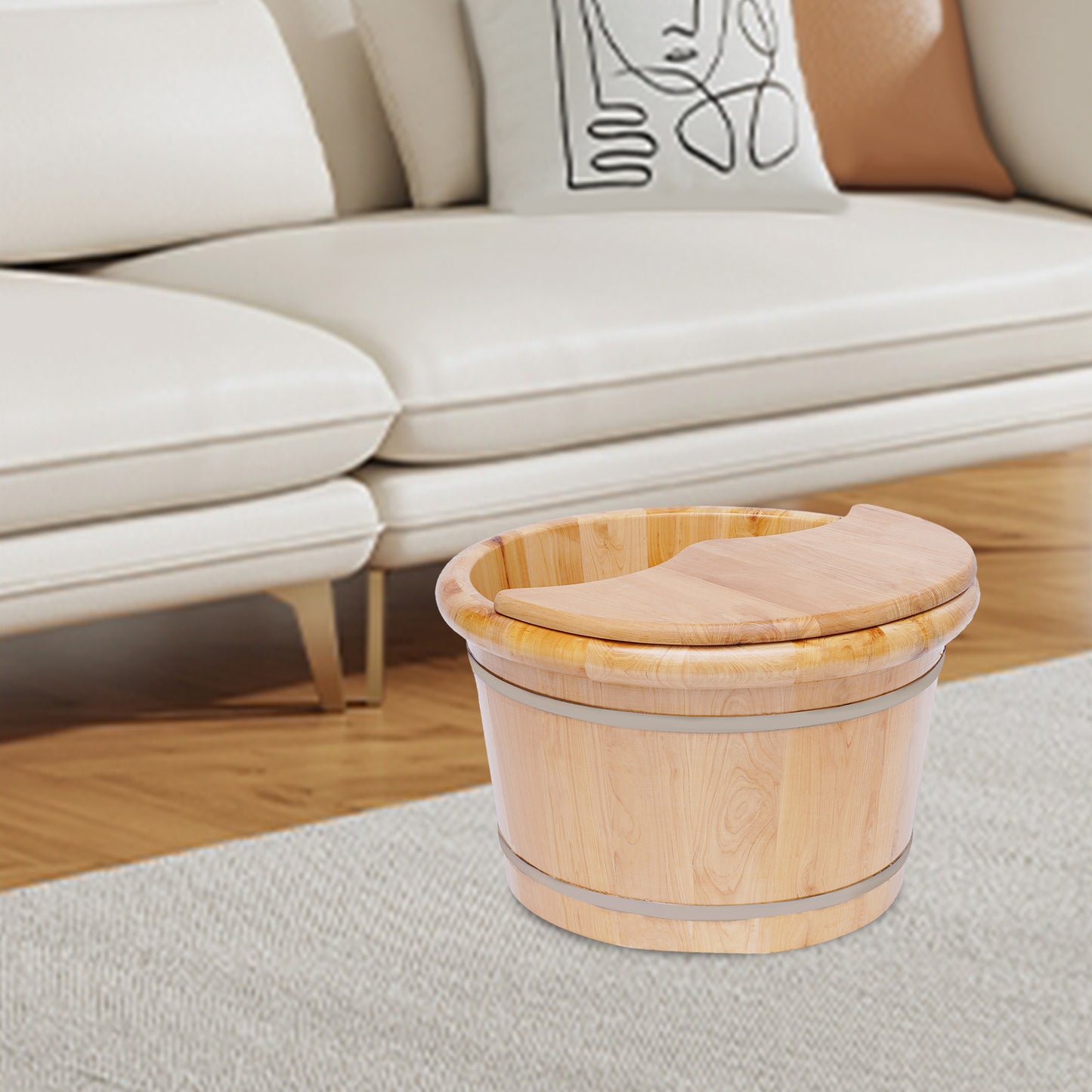 Cedar Wood Foot Bath Bucket Massager - Modern Freestanding Design with Lid & Massage Roller, No Electricity Needed, Natural Wood Grain Finish for Relaxation & Nail Care