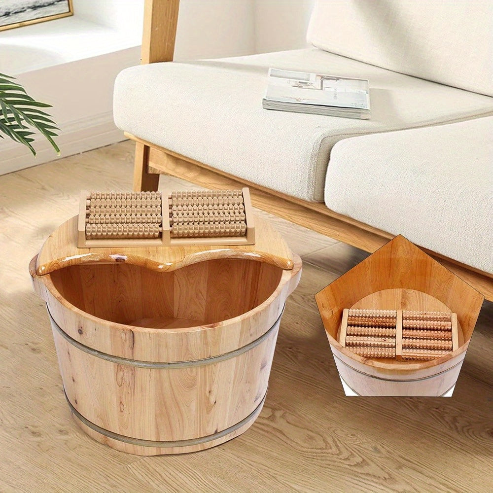 Portable Cedar Wood Foot Bath Soak Tub with Massage Roller & Lid - Manual Non-Electric Foot Spa for Home, Travel, Beach - Natural Fragrance-Free Exfoliating Soak Bucket, Foot Soak Tub, Selfcare Routine