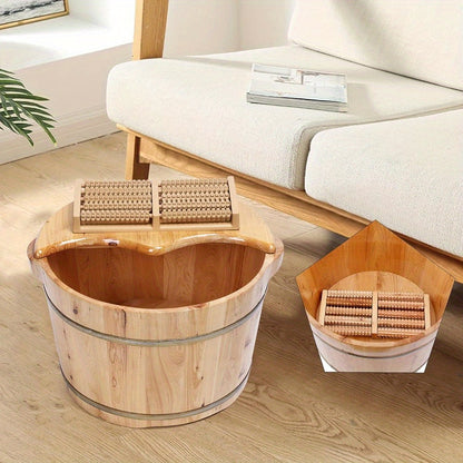 Portable Cedar Wood Foot Bath Soak Tub with Massage Roller & Lid - Manual Non-Electric Foot Spa for Home, Travel, Beach - Natural Fragrance-Free Exfoliating Soak Bucket, Foot Soak Tub, Selfcare Routine