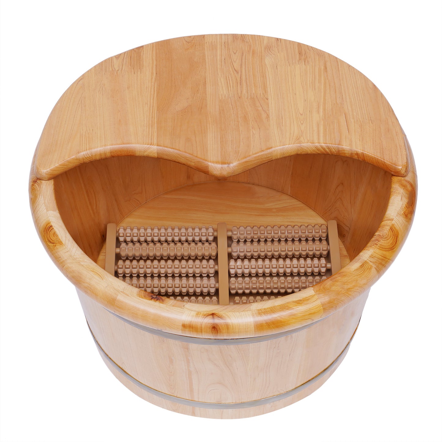 Cedar Wood Foot Bath Bucket Massager - Modern Freestanding Design with Lid & Massage Roller, No Electricity Needed, Natural Wood Grain Finish for Relaxation & Nail Care