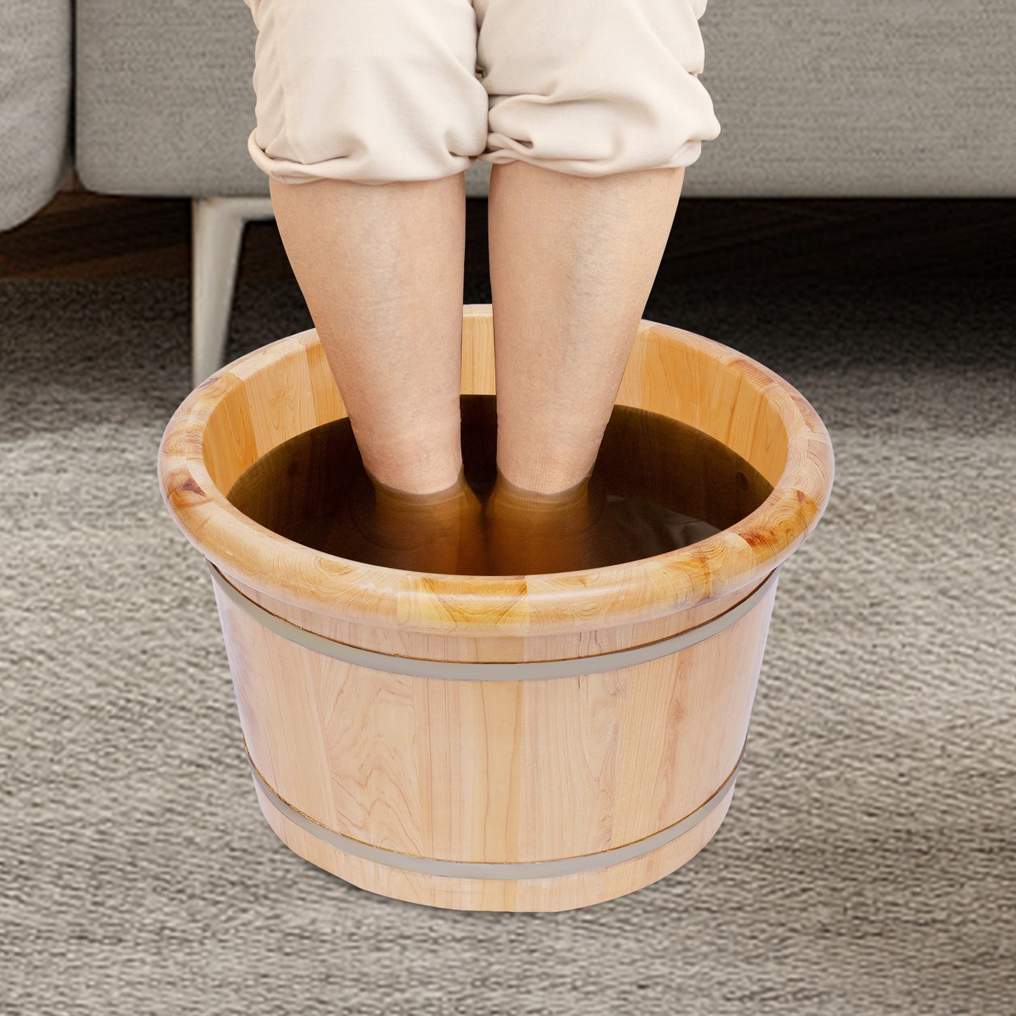 Cedar Wood Foot Bath Bucket Massager - Modern Freestanding Design with Lid & Massage Roller, No Electricity Needed, Natural Wood Grain Finish for Relaxation & Nail Care