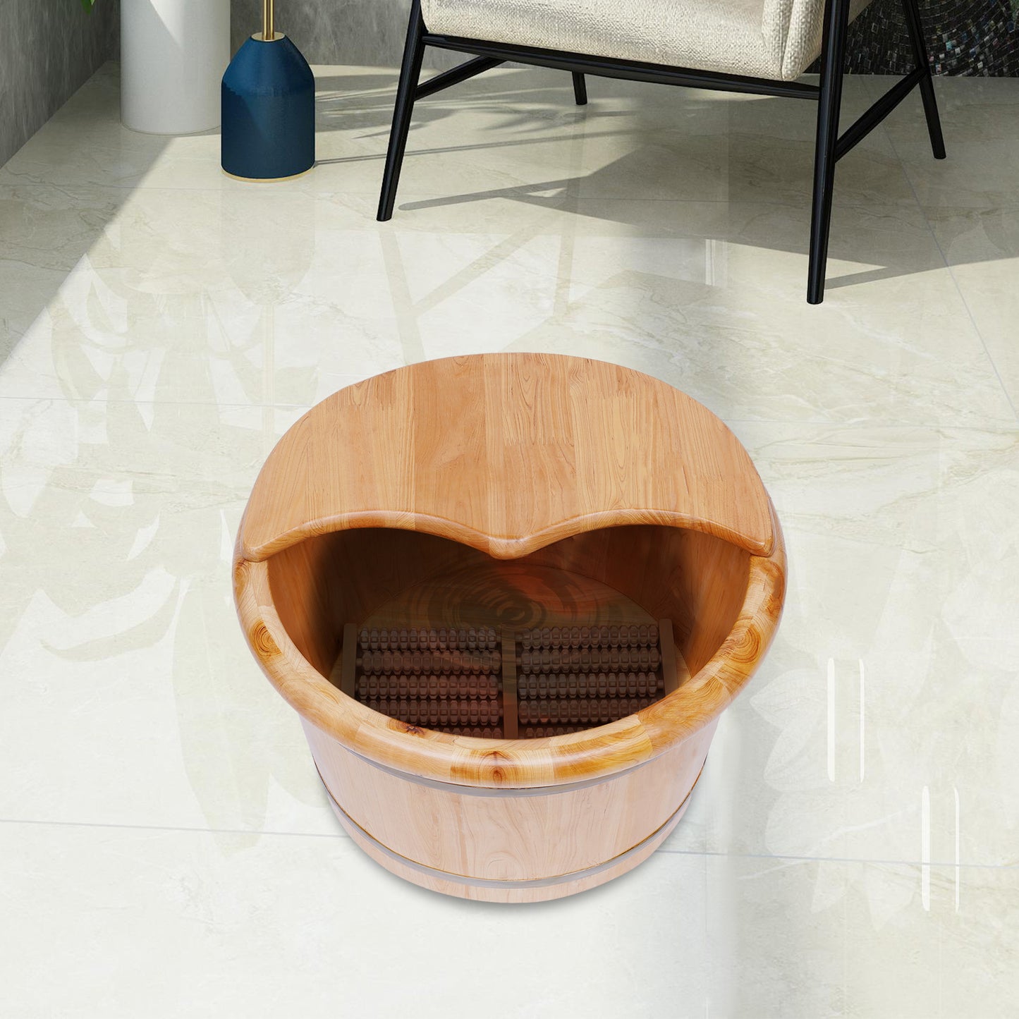 Cedar Wood Foot Bath Bucket Massager - Modern Freestanding Design with Lid & Massage Roller, No Electricity Needed, Natural Wood Grain Finish for Relaxation & Nail Care
