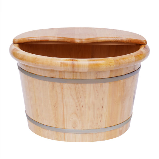 Cedar Wood Foot Bath Bucket Massager - Modern Freestanding Design with Lid & Massage Roller, No Electricity Needed, Natural Wood Grain Finish for Relaxation & Nail Care