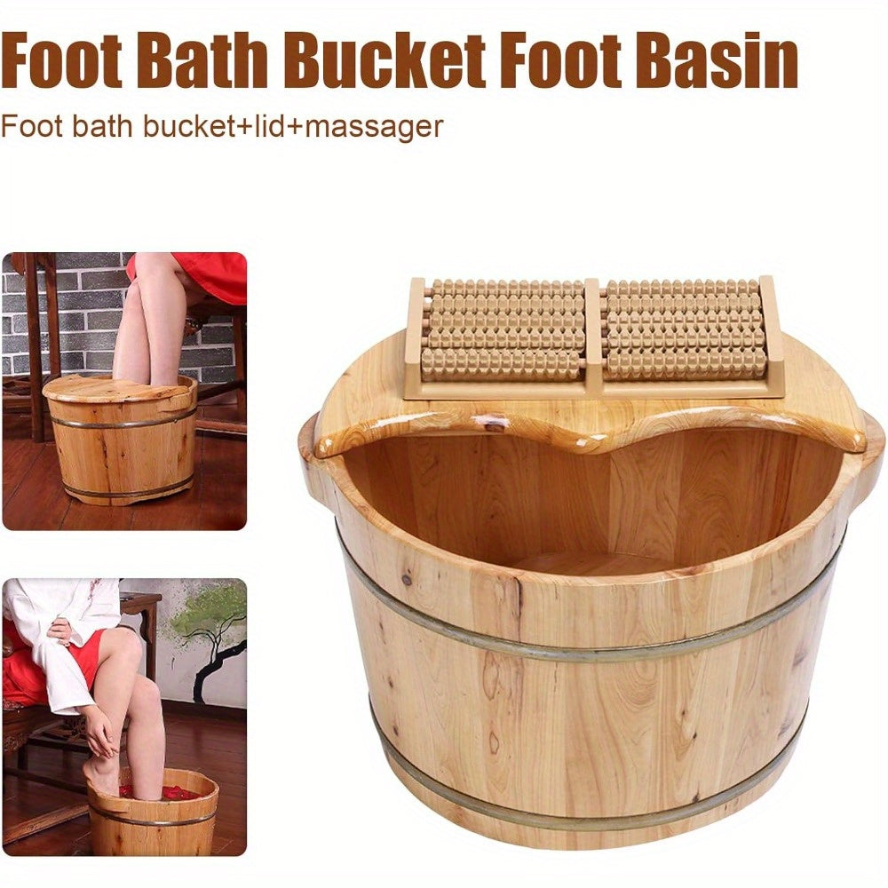 Portable Cedar Wood Foot Bath Soak Tub with Massage Roller & Lid - Manual Non-Electric Foot Spa for Home, Travel, Beach - Natural Fragrance-Free Exfoliating Soak Bucket, Foot Soak Tub, Selfcare Routine