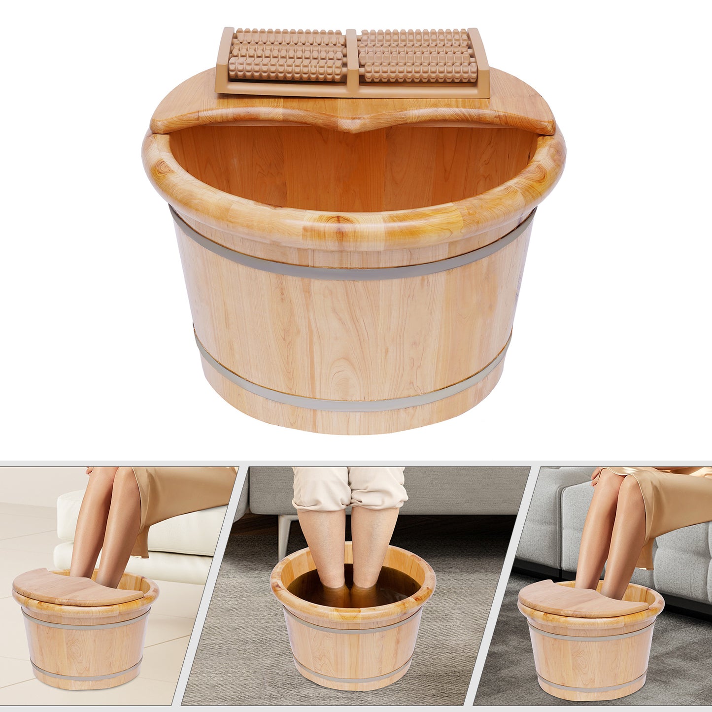 Cedar Wood Foot Bath Bucket Massager - Modern Freestanding Design with Lid & Massage Roller, No Electricity Needed, Natural Wood Grain Finish for Relaxation & Nail Care