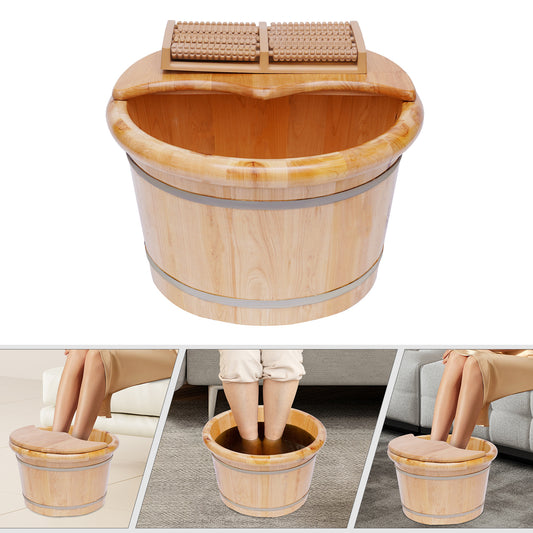 Cedar Wood Foot Bath Bucket Massager - Modern Freestanding Design with Lid & Massage Roller, No Electricity Needed, Natural Wood Grain Finish for Relaxation & Nail Care